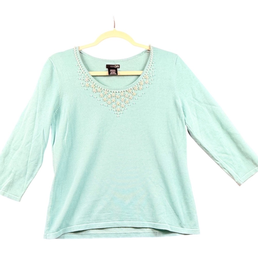 East 5th Womens Medium‎ Pearl Floral Embellished 3/4 Sleeve Sweater Top Coastal